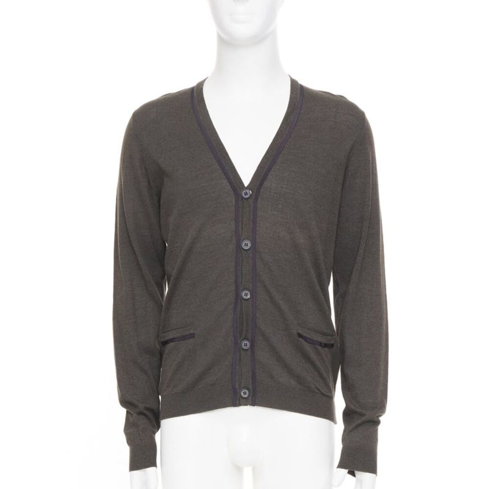 LANVIN 2015 grosgrain trim v-neck cotton merino wool button knit cardigan S